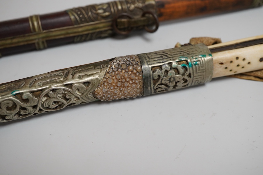 A Chinese travelling knife handle and chopstick holder, 27cm long (holder without chopsticks)